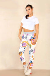 White Plus Size Italian Abstract Paint Print Drawstring Cotton Joggers For Women 18 - Dropwear